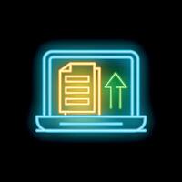 Neon computer laptop showing uploading document file icon on black background vector