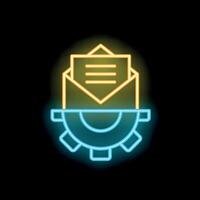 Neon icon of open mail envelope over gear wheel vector