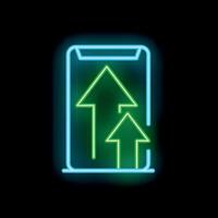 Neon green uploading arrows on smartphone screen on black background vector