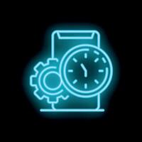 Neon icon of time management using smartphone app with clock and gears vector