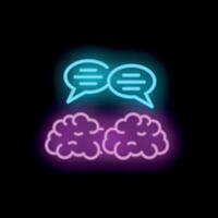 Neon sign representing two brains communicating with speech bubbles vector