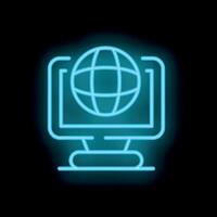 Neon blue desktop computer displaying internet web icon on black background vector