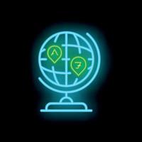 Neon globe showing location pins for travel and tourism vector