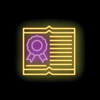 Neon icon of certificate diploma degree scroll with ribbon and seal showing completion vector