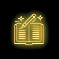 Neon open book and pen writing sparkling icon vector