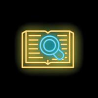 Neon icon of magnifying glass searching through open book vector