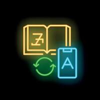 Neon icon of dictionary and smartphone exchanging foreign languages vector