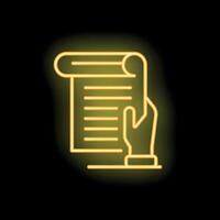 Hand holding document neon sign on a black background vector