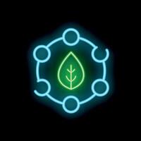 Neon icon of leaf surrounded by interconnected circles representing environmental network vector