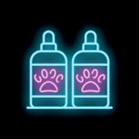 Glowing neon line pet shampoo icon isolated on a black background illustration. Glowing dog paw symbol vector