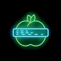 Neon sign depicting green apple with blue screen for text in front of it on black background vector