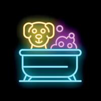 Neon sign of dog taking bath with foam in basin for grooming concept vector