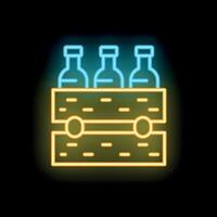 Glowing neon line beer bottles in wooden crate icon isolated on black background. illustration vector