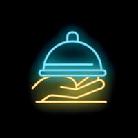 Neon icon of hand holding serving tray with lid vector
