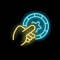 Hand pointing casino chip with index finger neon sign on black background vector