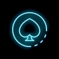 Blue neon sign showing spade of playing cards in circle on black background vector