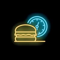 Neon sign of a hamburger with a clock showing fast food delivery time vector