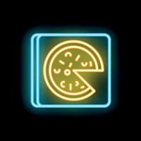 Glowing neon sign with a pizza icon on a brick wall background, perfect for a pizzeria logo vector