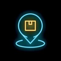 Neon location pin showing a cardboard package on a black background vector