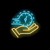 Neon sign representing hand holding clock showing time passing quickly vector