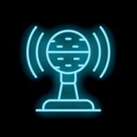 Neon microphone transmitting audio waves on a dark background vector