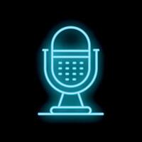 Blue neon microphone shining on black background vector