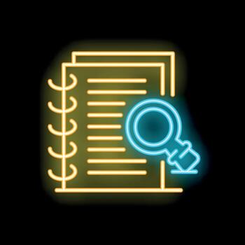 Neon magnifying glass resting on open spiral notebook vector
