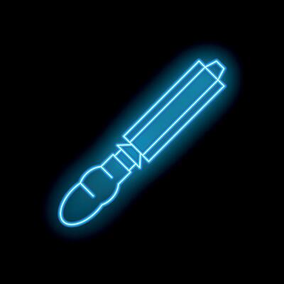 Neon icon of putty knife spreading material on black background