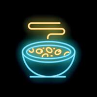 Neon sign of steaming hot bowl of soup on black background vector