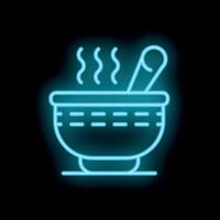 Neon blue icon of a steaming mixing bowl with a whisk vector