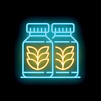 Neon icon of two sport nutrition supplements with wheat germ representing vegan protein shake vector