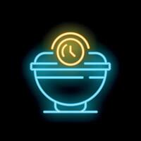 Neon sign of steaming hot bowl of food with timer icon appearing above vector