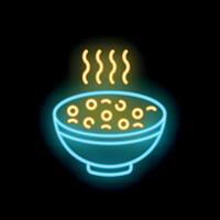 Neon icon of steaming hot bowl of soup on black background vector