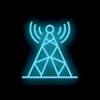 Neon icon of a telecommunication tower emitting radio waves vector