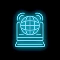 Neon icon of laptop displaying rotating globe for global communication concept vector