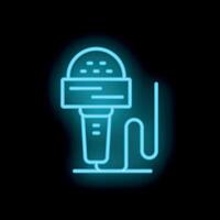 Blue neon microphone icon glowing on dark background vector