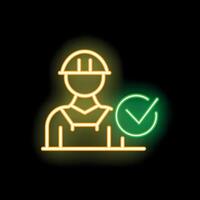Neon icon of construction worker with check mark representing job well done vector