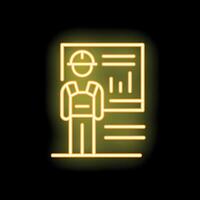 Construction worker giving a presentation with statistics on a whiteboard neon sign vector