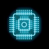 Neon blue cpu microchip glowing on black background vector