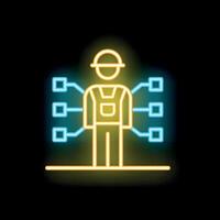 Neon icon of construction worker managing multiple tasks simultaneously vector