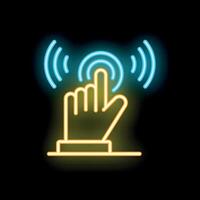 Neon sign of hand pressing touch screen button with feedback waves vector