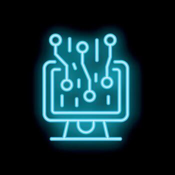 neón icono de computadora Procesando datos mediante circuito tablero vector