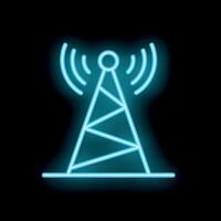 Neon radio tower transmitting signal on black background vector