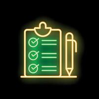 Neon clipboard with checklist and pen glowing on dark background vector