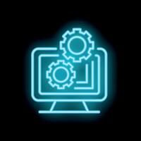 Neon icon of computer displaying gears representing software development vector