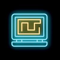Neon laptop showing labyrinth maze puzzle game icon on black background vector
