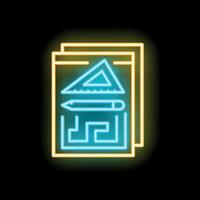 Neon icon of architectural project with ruler, pencil and triangle representing engineering vector