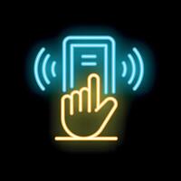 Hand touching smartphone screen neon sign icon showing mobile phone interaction vector