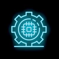 Neon icon of gear and microchip representing technological industry vector
