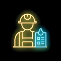 Neon style icon of construction worker holding checklist on clipboard vector